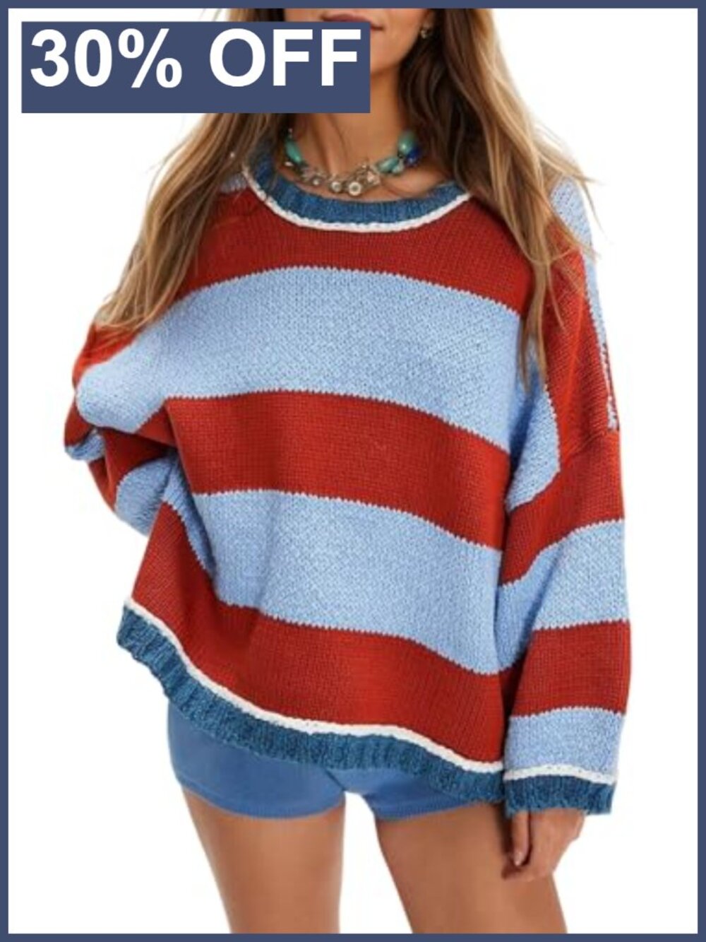Oversized Striped Chunky Knit Crewneck Sweater Pullover
